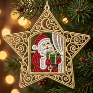 FSL Starry Santa, Festive Star, Holiday Cheer - Free Standing Lace Machine Embroidery Designs Instant Download 5x5 hoop SCA0266-003