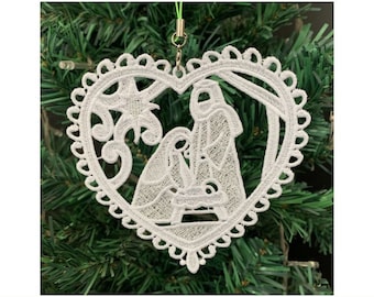 FSL Nativity Ornament Heart - Free Standing Lace Machine Embroidery Designs Instant Download 5x7 hoop APE3530-002