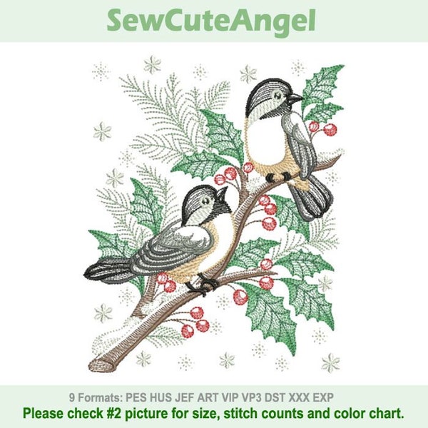 Christmas Birds Chickadee - Machine Embroidery Designs Instant Download 5x5 6x6 8x8 hoop APE2645-003