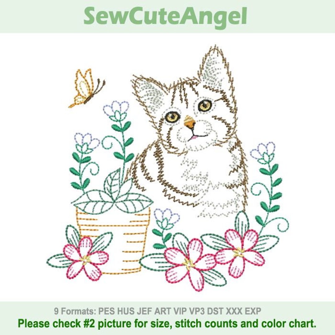 Vintage Garden Pals Cute Cat - Machine Embroidery Designs Instant ...