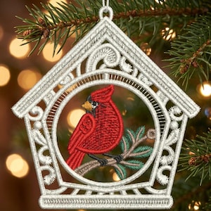 FSL Cardinal Birdhouse, Red Bird Sanctuary - Disegni per ricamo a macchina con pizzo autoportante, download immediato, telaio 4x4 SCA0201-002