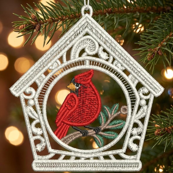 FSL Cardinal Birdhouse, Red Bird Sanctuary - Free Standing Lace Machine Embroidery Designs Instant Download 4x4 hoop SCA0201-002