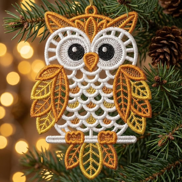 FSL Yellow Leaf Owl, Autumn Owl, Wise Forest Guard - Free Standing Lace Machine Embroidery Designs Instant Download 5x5 hoop SCA1236-008