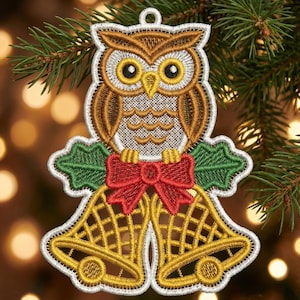 Christmas Owl, Festive Bird, Holiday Hoot - Free Standing Lace Machine Embroidery Designs Instant Download 5x5 hoop SCA1247-008