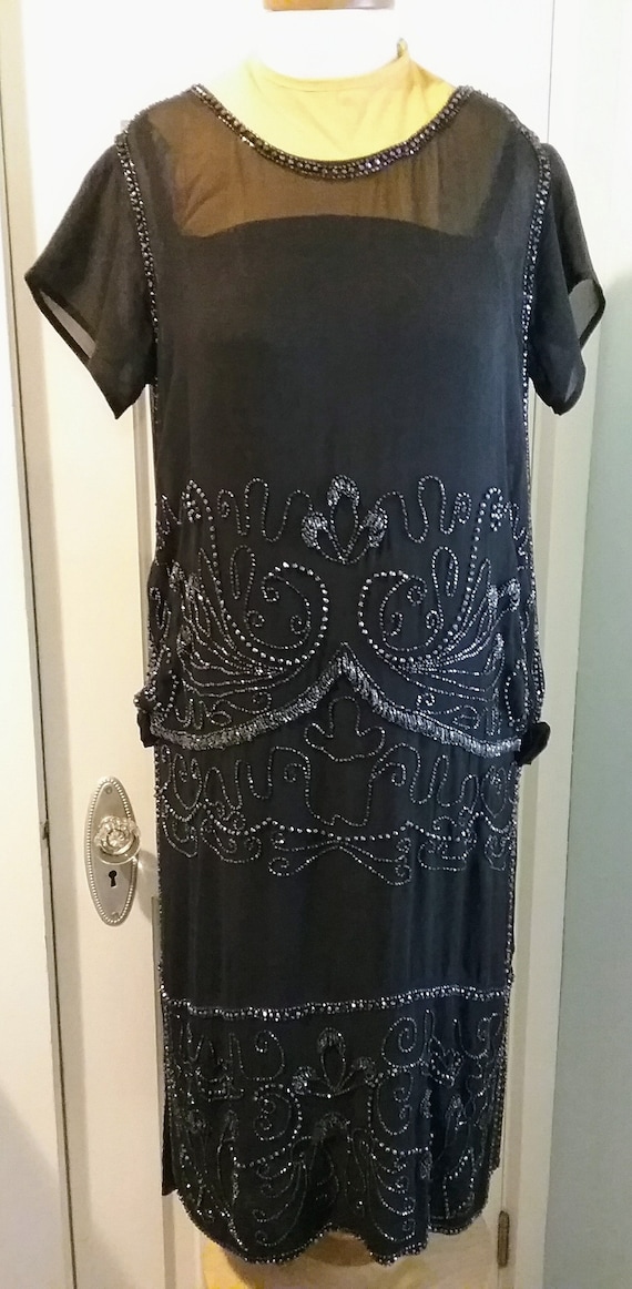 1920s 20s Flapper Beaded Silk Chiffon Party Dress