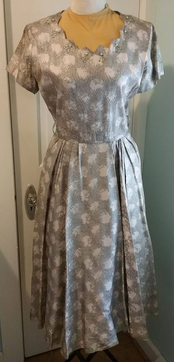 1950s 50s Silver Metallic party dress with rhinest