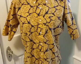 1960s 60s 1970s 70s Mens Gold Paisley Short Sleeve Shirt L 16-16 1/2