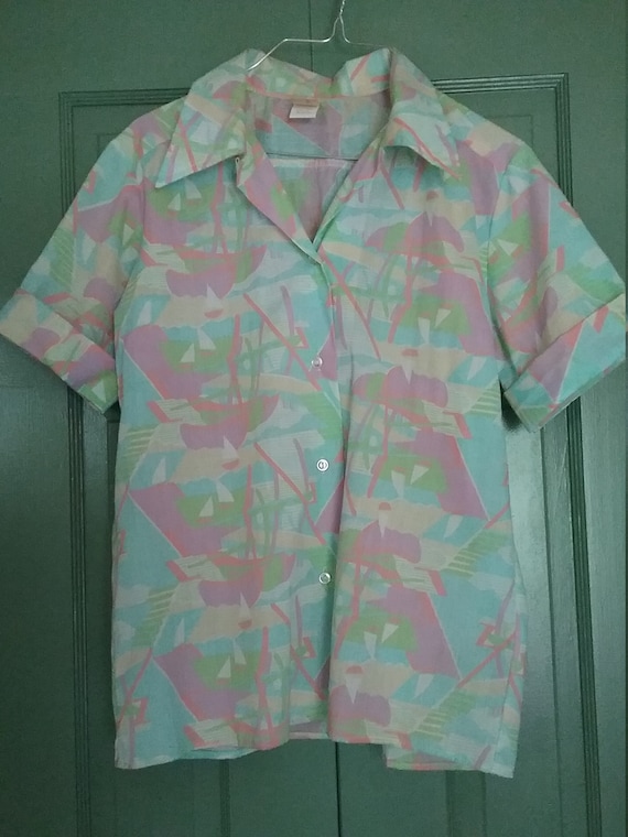 NOS Ladies 1980 80s Sailboat Print Hawaiian Shirt