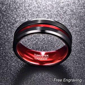 Black and red wedding band, mens red black ring, red bands, promise ring red, 8mm tungsten ring red, tungsten band black, mens birthday gift