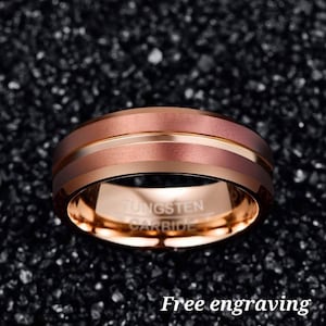 Men or womens rose gold and cappuccino tungsten carbide wedding band ring 8mm wide custom engraving ,engagement and promise ring