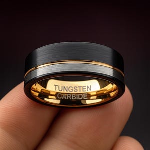 Mens or womens 8mm silver brushed rose gold and black tungsten wedding band, promise ring for him or her, custom with free engraving