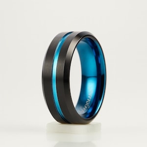 8mm Black and Blue Tungsten Wedding Band – Brushed Unisex Ring – Tungsten Carbide Ring for Men or Women – Modern Comfort Fit Engagement Band