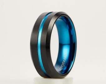 Black Tungsten Wedding Band: Blue Interior, Thin Blue Line (8mm)