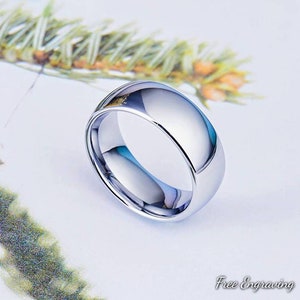 Mens silver tungsten wedding band, 8mm polished ring, women&#39;s wedding,promise ring, custom wedding band silver,Free engraving, guys fashion,