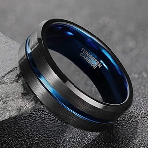 black and blue thin blue line men's or women's tungsten wedding band in 8mm wide comfort fit design, anniversary band, promise ring,