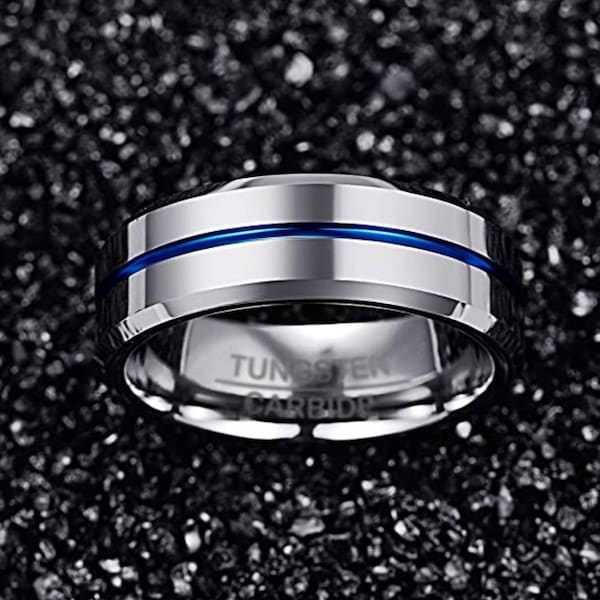 Silver tungsten ring with thin blue line, men womens wedding promise engagement band, police supoort jewelry,8mm custom wedding ring