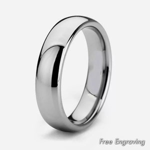 Mens silver tungsten wedding band, 6mm polished ring, women&#39;s wedding,promise ring, custom wedding band silver,Free engraving, guys fashion,