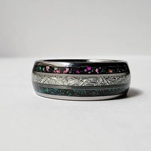 Galaxy Fire Opal Silver Tungsten Band, Unique Men&#39;s Wedding Ring, Opal Inlay Tungsten Wedding Band, Custom Comfort Fit Ring