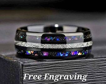 Black silver opal galaxy tungsten and meteorite inlay wedding ring for men or women