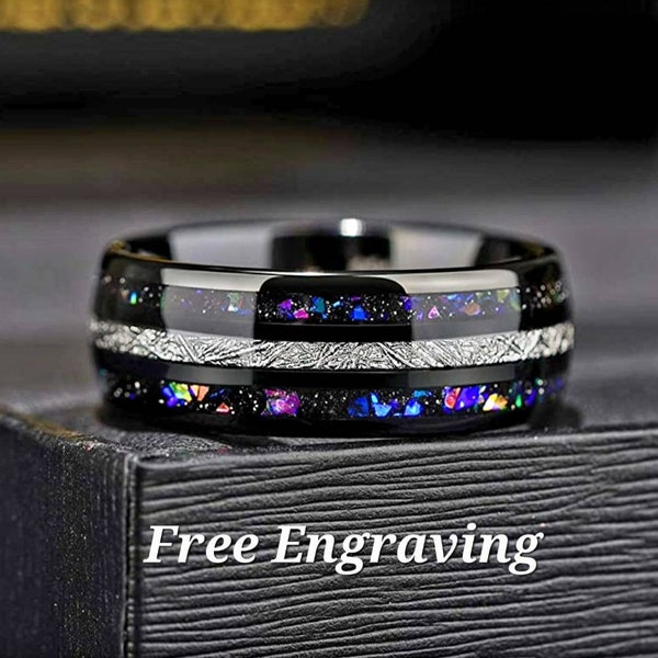 Black silver opal galaxy tungsten and meteorite inlay wedding ring for men or women