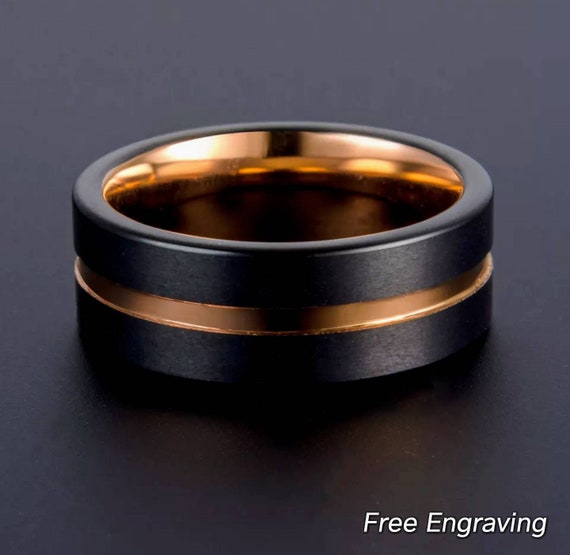 Rose gold black mens tungsten wedding band rose gold ring | Etsy