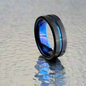 8mm mens wedding band tungsten black blue straight cut matte ring, comfort fit design free engraving