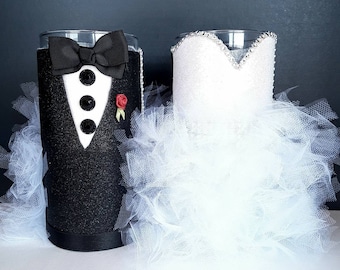 Bride and Groom Wedding Centerpieces: Glitter Tulle Reception Decor (Set of 2)