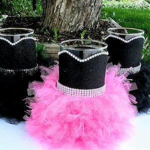 Pink and Black Centerpiece Set: Rhinestone Ribbon Vases, Party Decor (6 pcs)