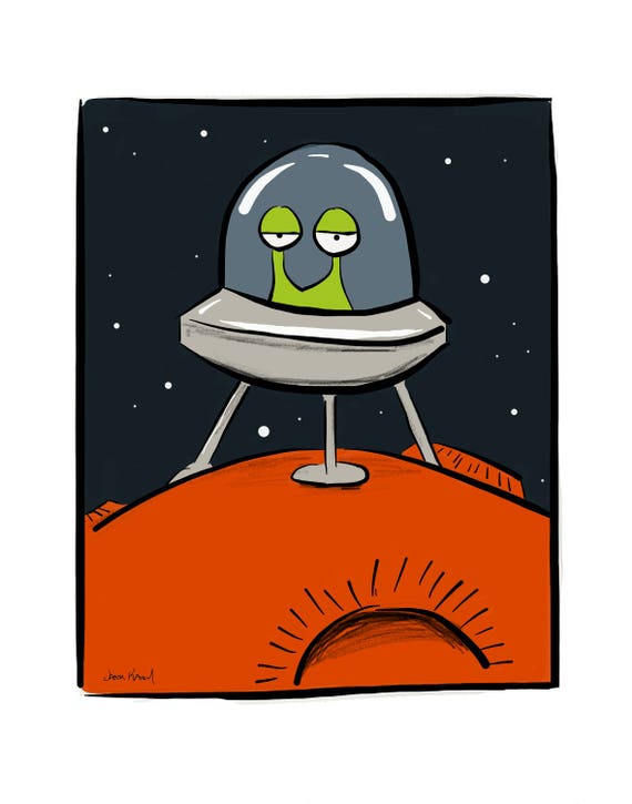 Green Alien On An Orange Planet Cartoon Illustration Etsy