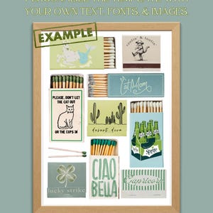 May include: A framed collection of matchboxes with various designs and text. The matchboxes feature illustrations of a cat, mermaid, cactus, and a cartoon character. Text includes "Example", "Cat Mom", "Ciao Bella", and "Lucky Strike".