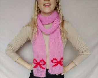 Croquet Pink Bow Scarf, Knitted Soft Ribbon alpaca scarf, Chunky Long Scarf Coquette-Style, Hand knit skinny scarf