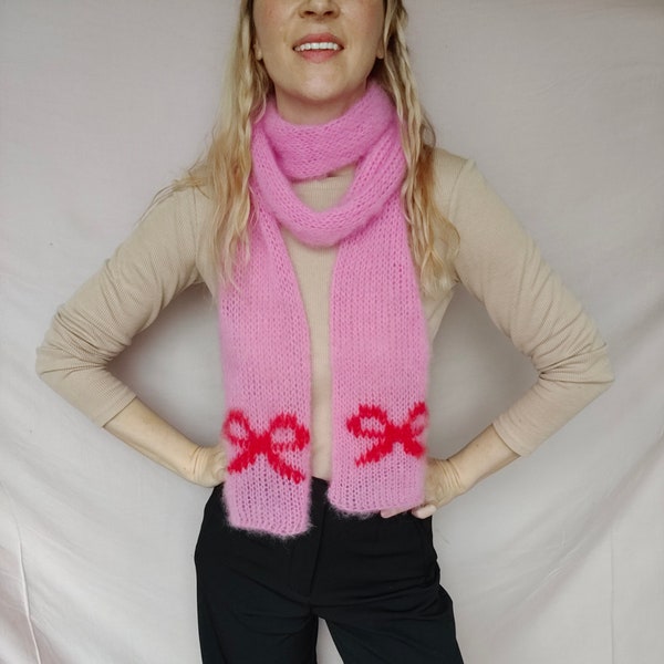 Croquet Pink Bow Scarf, Knitted Soft Ribbon alpaca scarf, Chunky Long Scarf Coquette-Style, Hand knit skinny scarf