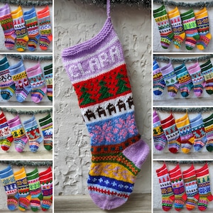 Patroon kerstsokken in pdf-formaat. Aanpasbaar breipatroon: 28 patronen. FairIsle-instructies.