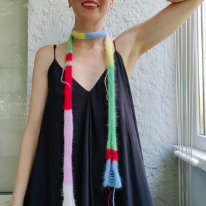 Fluffy Colorful Skinny Scarf Knitted Choker Scarf Women&#39;s Scarf Skinny Knitted Scarves Knit Long Choker Scarf Skinny Patchwork Knitted Scarf