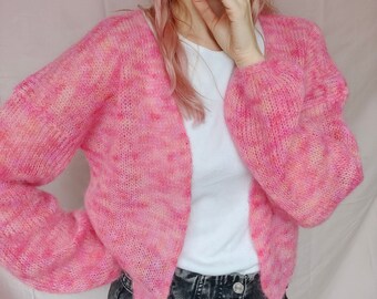 Hand Knit Mohair Cardigan, Mohair Bomber Pink, Open Front Cardigan, Bridal Cardigan, Crop Fluffy cardigan, alpaca sweater, Chunky Cardigan