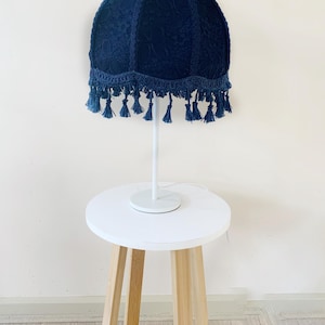 Navy blue fabric vintage style lampshade, tassel fringe trim, bedside lampshade, tabletop lampshade, handmade lampshade.