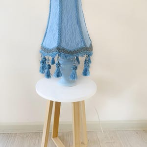 Sky Blue fabric and lace vintage style lampshade with tassel fringe, handmade, bedside lampshade, tabletop lampshade, Australian made.
