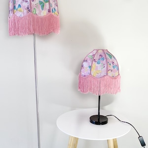Pink butterfly lampshades, nursery lampshade, sparkly fabric, pink fringe, bedside and ceiling lampshade.