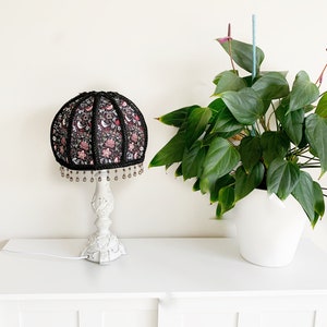 Black and red floral lampshade with red birds, black beaded trim, vintage style, black braid, tabletop, bedside or floor lamp stand.