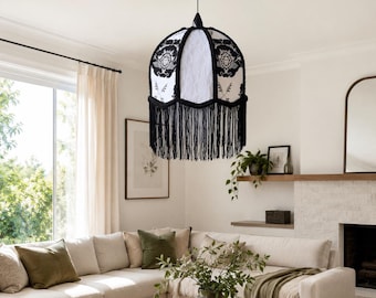 Black White Floral Lace Lampshade, Vintage Style Fringed Ceiling or Floor Accent