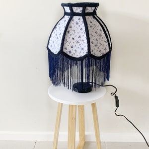 Navy blue and white floral fringed lampshade, crown lampshade, vintage style lampshade, bedside or tabletop lampshade.