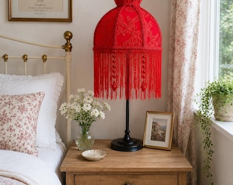 Red Lace Crown Lampshade, vintage style, tassels, Beaded, Victorian Art Deco Style, Australian Made