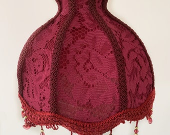 Maroon/wine coloured fabric lampshade with maroon beaded fringe, bedside or tabletop lampshade.