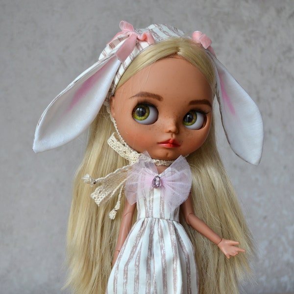 Vintage Blythe doll set jumpsuit and bonnet - Blythe clothes -Blythe doll hat - Clothes for blythe - Pullip clothes -Blythe outfit