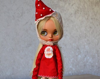 Vestido y sombrero Blythe, ropa Blythe, sombrero de muñeca Blythe, vestido rojo vintage para blythe, vestido Blythe, traje Blythe, traje para blythe,