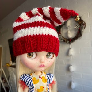 accessory for blythe, outfit blythe, Elf cap for blythe, red and white cap for qbaby, pointed hat for blythe, clothes qbaby and blythe