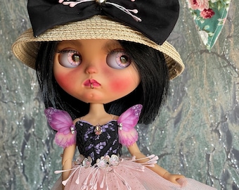 Blythe-kleding, roze jurk van Blythe en strohoed, outfit voor pop, retro Blythe-kleding, kleding voor ooak-pop, boho-jurk Blythe