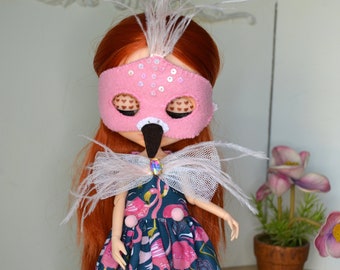 blythe flamingo dress, flamingo set for doll, vintage boho blythe dress, blythe outfit, dress for Ooak, blythe doll custom, Dress Neo blythe