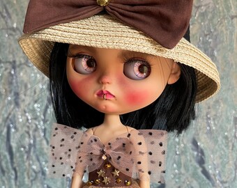 Blythe-kleding, Blythe bruine jurk en strohoed, outfit voor pop, retro Blythe-kleding, kleding voor ooak-pop, boho-jurk Blythe