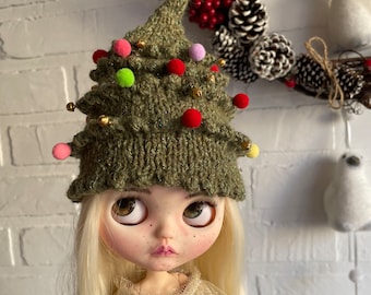 Cap Blythe Doll, Christmas tree hat for gbaby, Christmas hat for custom blythe ,Blythe clothes, accessory for blythe